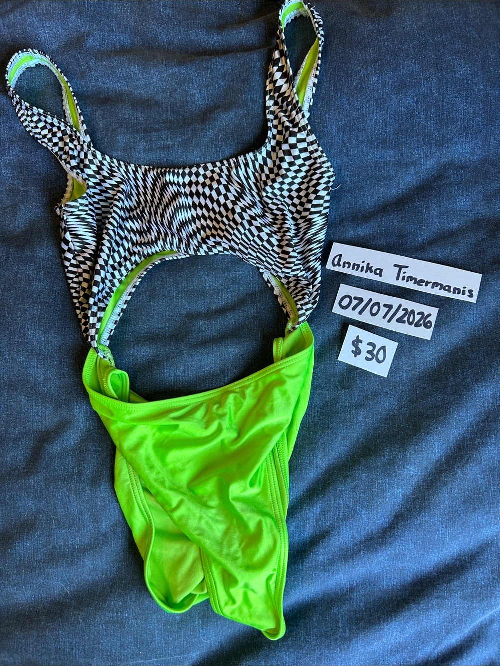 Dolls Kill Neon Green & Black & White Checkerboard One-Piece Swimsuit